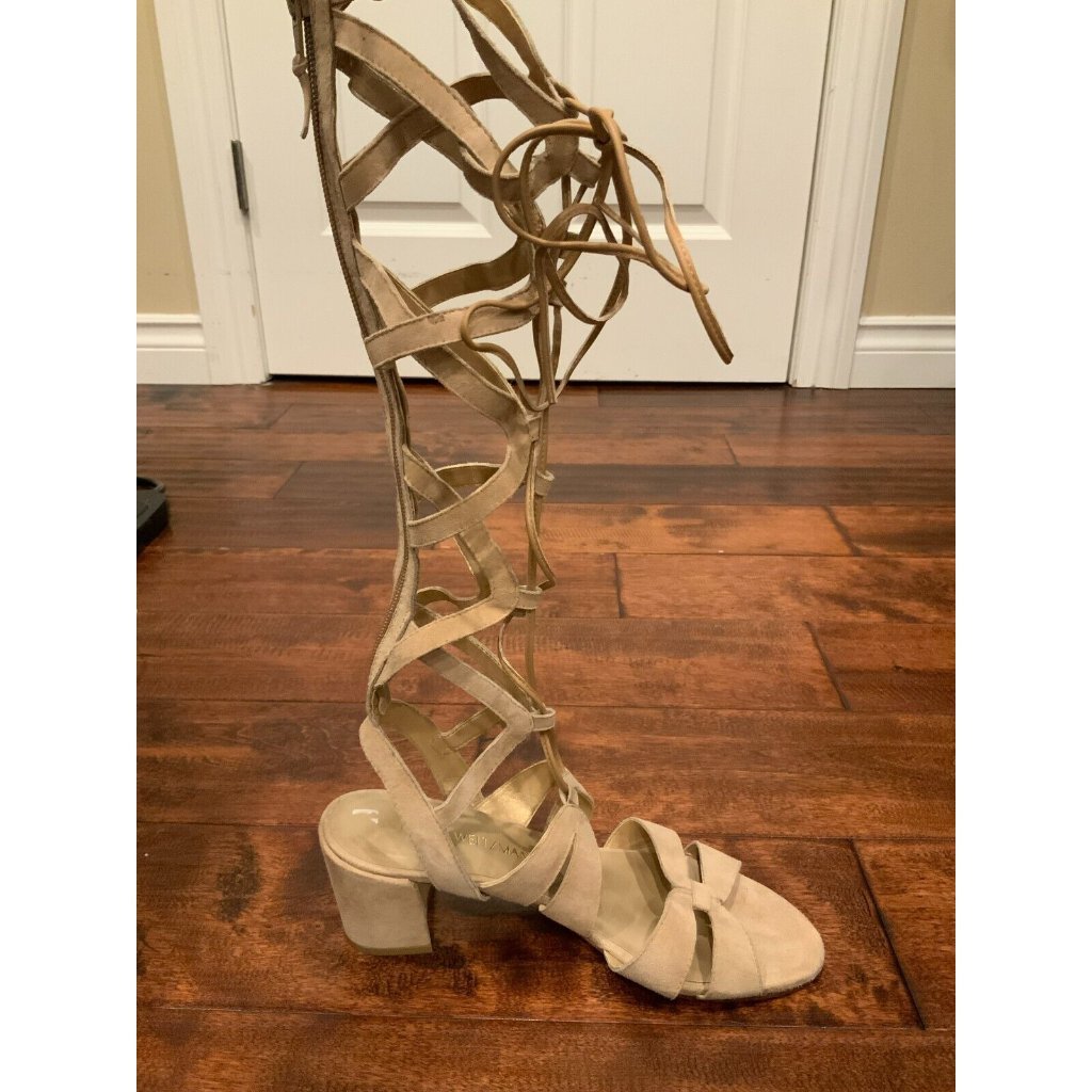 Stuart Weitzman Tan Suede Strappy Gladiator Block Heel Sandals, Size 8 (Us)